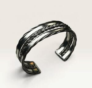 Twisted Rope & Wheat-Chain Silver-Tone Cuff Bracelet